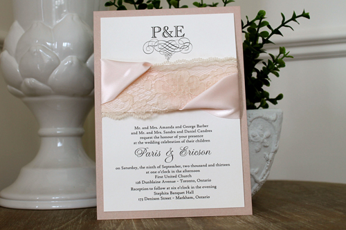 Invitation 1116: Blush Pearl, Cream Smooth, Petal Pink Ribbon, Petal Pink Ribbon, Cream Lace - Blush pearl backing on a cream paper with a petal pink ribbon and cream lace detail design