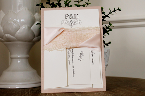 Invitation 1116: Blush Pearl, Cream Smooth, Petal Pink Ribbon, Petal Pink Ribbon, Cream Lace - Blush pearl backing on a cream paper with a petal pink ribbon and cream lace detail design