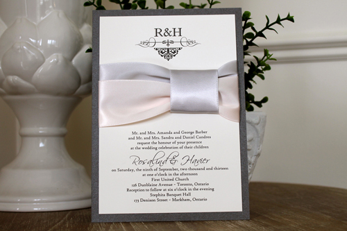 Invitation 1117: Charcoal Pearl, Cream Smooth, Silver Ribbon, Petal Pink Ribbon, Silver Ribbon - Charcoal pearl backing invite with a unique silver and petal pink ribbon design