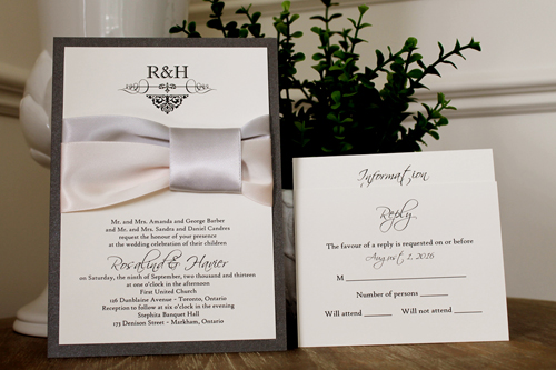 Invitation 1117: Charcoal Pearl, Cream Smooth, Silver Ribbon, Petal Pink Ribbon, Silver Ribbon - Charcoal pearl backing invite with a unique silver and petal pink ribbon design