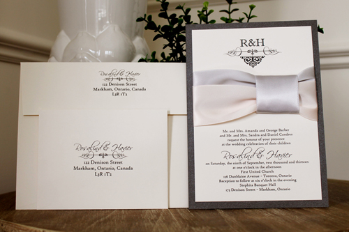 Invitation 1117: Charcoal Pearl, Cream Smooth, Silver Ribbon, Petal Pink Ribbon, Silver Ribbon - Charcoal pearl backing invite with a unique silver and petal pink ribbon design