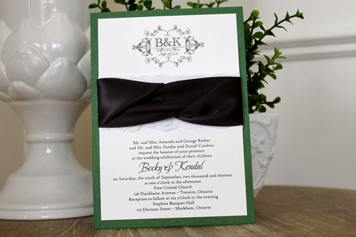 Invitation 1118: Green Pearl, Cream Smooth, Deep Charcoal Ribbon, Deep Charcoal Ribbon, Cream Lace - Green pearl paper backing with a charcoal ribbon twist and white lace detail