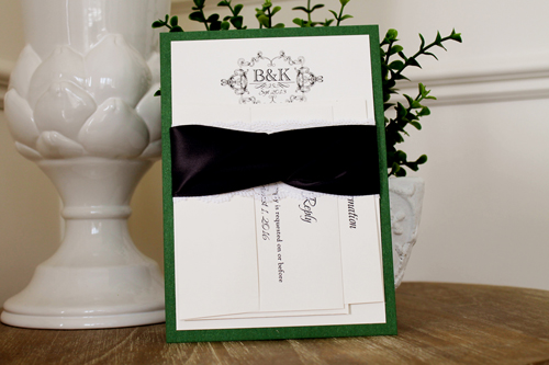 Invitation 1118: Green Pearl, Cream Smooth, Deep Charcoal Ribbon, Deep Charcoal Ribbon, Cream Lace - Green pearl paper backing with a charcoal ribbon twist and white lace detail