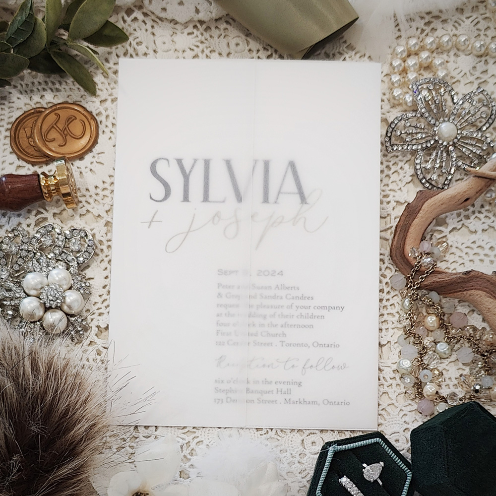 Invitation 3203: Ice Pearl - Single card wedding invite printed on white with a clear vellum wrap around.