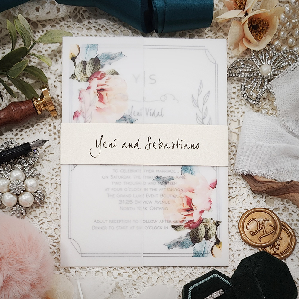 Invitation 3217: Antique Pearl - Single card wedding invite on antique pearl with a printed floral vellum wrap and cream cardstock belly band.