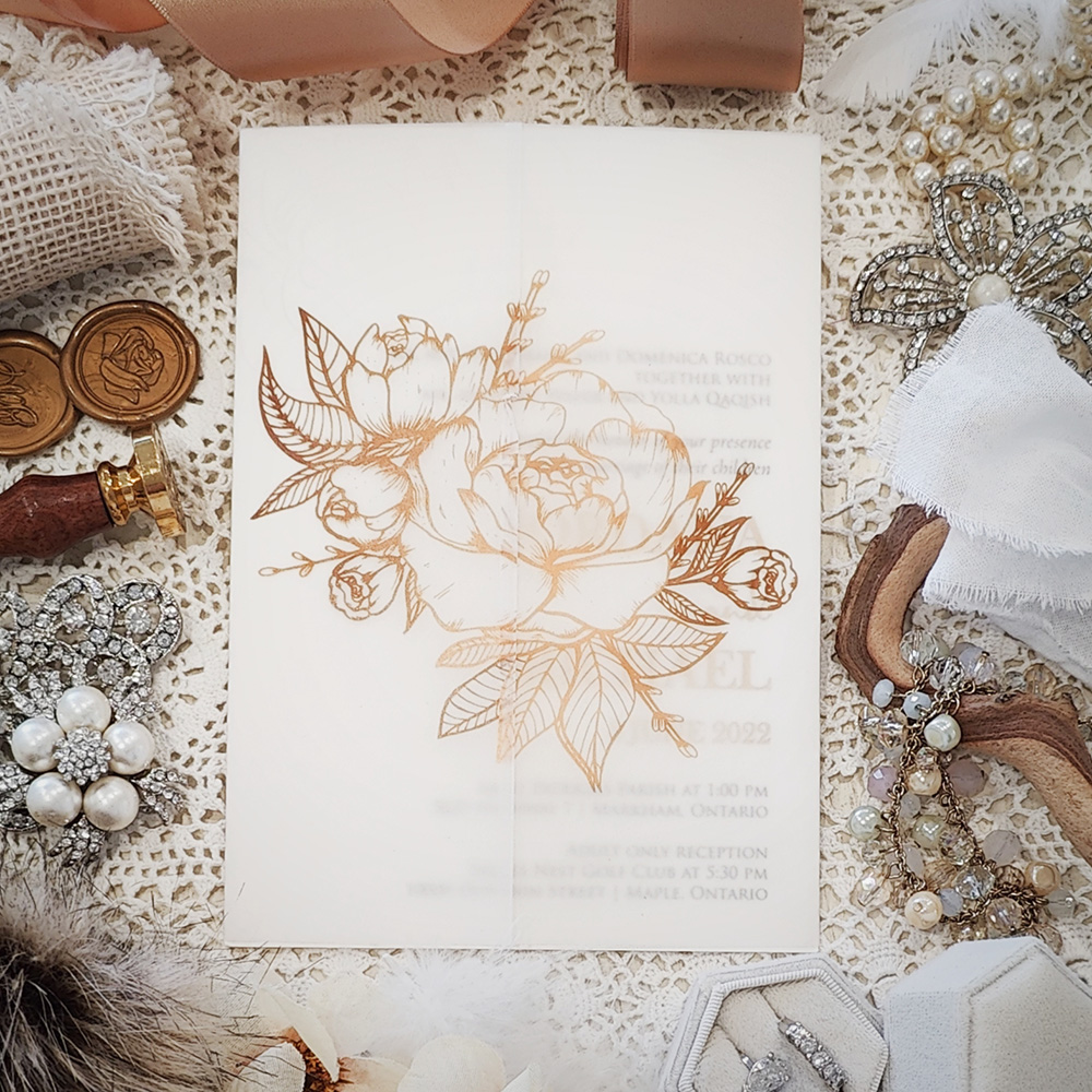 Invitation 3225: Ivory Pearl - Ivory pearl single card wedding invite with a gold printed floral vellum wrap.