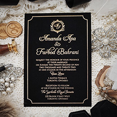 Invitation 5400: Black Velvet - Black velvet wedding invite with gold foil stamped layout.